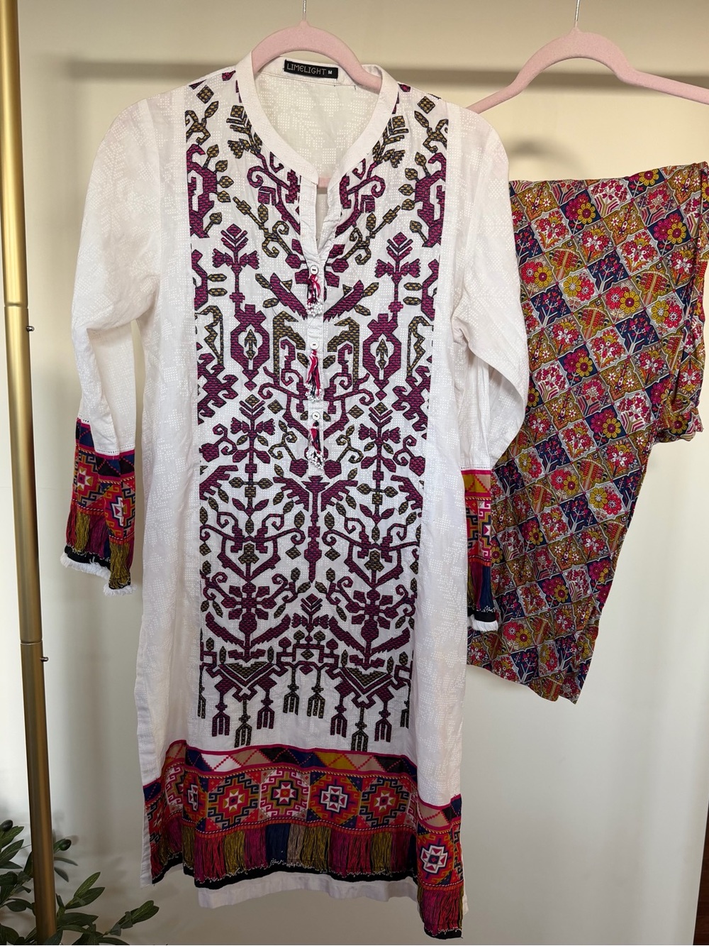 Embroidered White Tunic Dress with Magenta Pattern and Printed trouser
